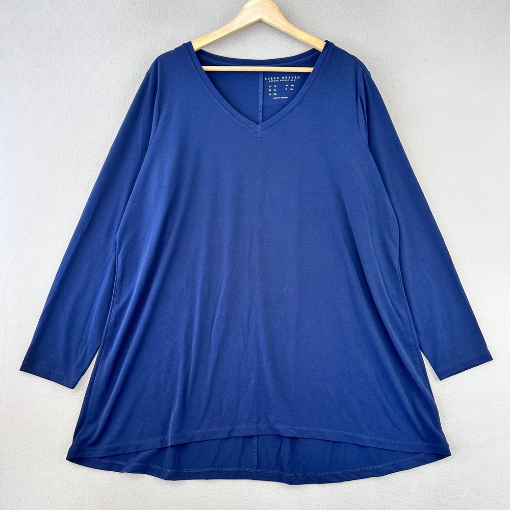 Susan Graver Modern Essentials Blouse Women‎ 1X Blue V-Neck Stretch Liquid Knit